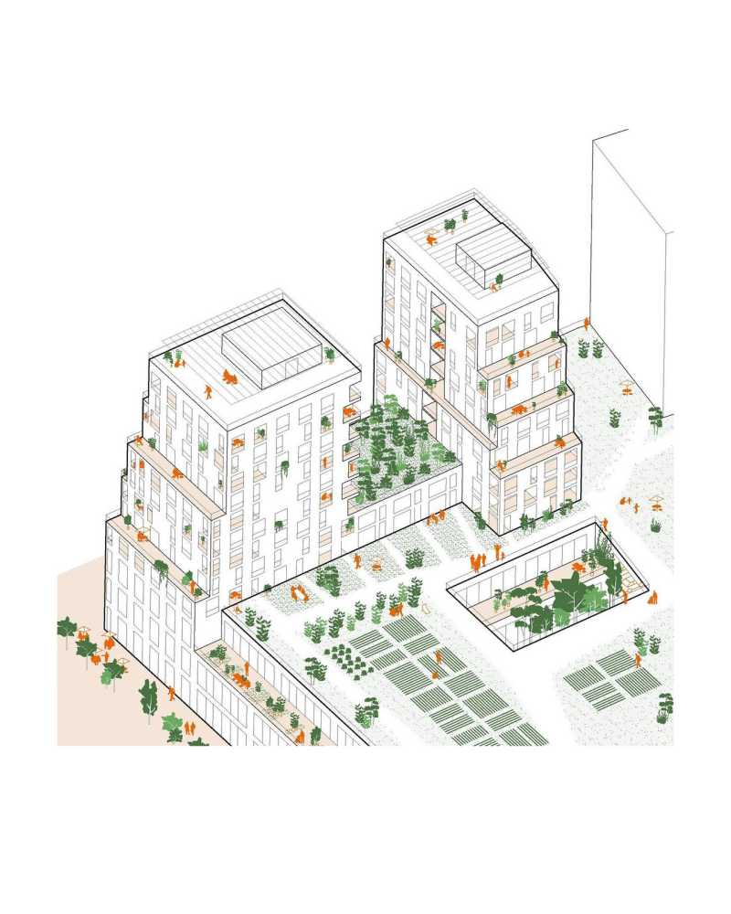 Gratte-ciel Villeurbanne collectif participatif vue ciel cinema lyon Tiers-lieu beton de chanvre BREAM HQE Bas carbone